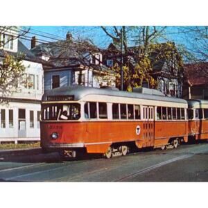 Trolly Train Railway Postcard Boston 3136 & 3131 Double Rail Cars Watertown Sq